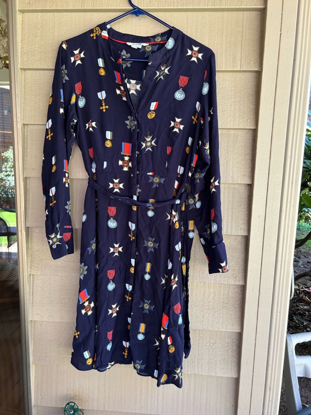 Boden Navy Long Sleeve Dress with Medal Print
